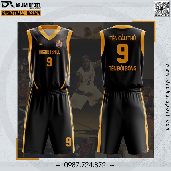 Mẫu áo bóng rổ thiết kế màu đen phối viền vàng