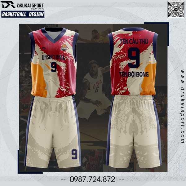 Mẫu áo bóng rổ thiết kế màu xám trắng phối đỏ