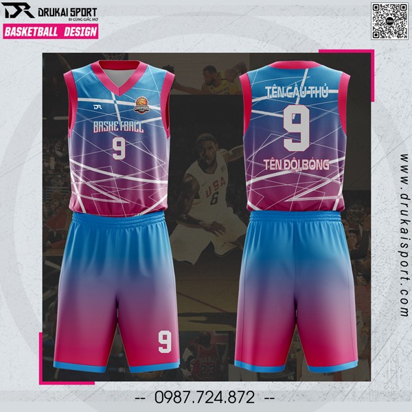 Mẫu áo bóng rổ thiết kế màu hồng phối xanh ya