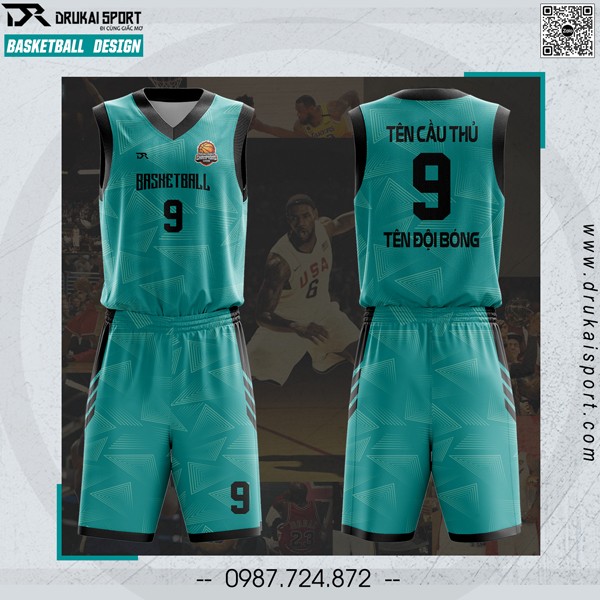 Mẫu áo bóng rổ thiết kế màu xanh ngọc phối viền đen