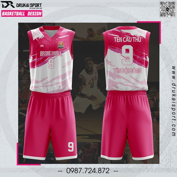 Mẫu áo bóng rổ thiết kế màu hồng phối trắng
